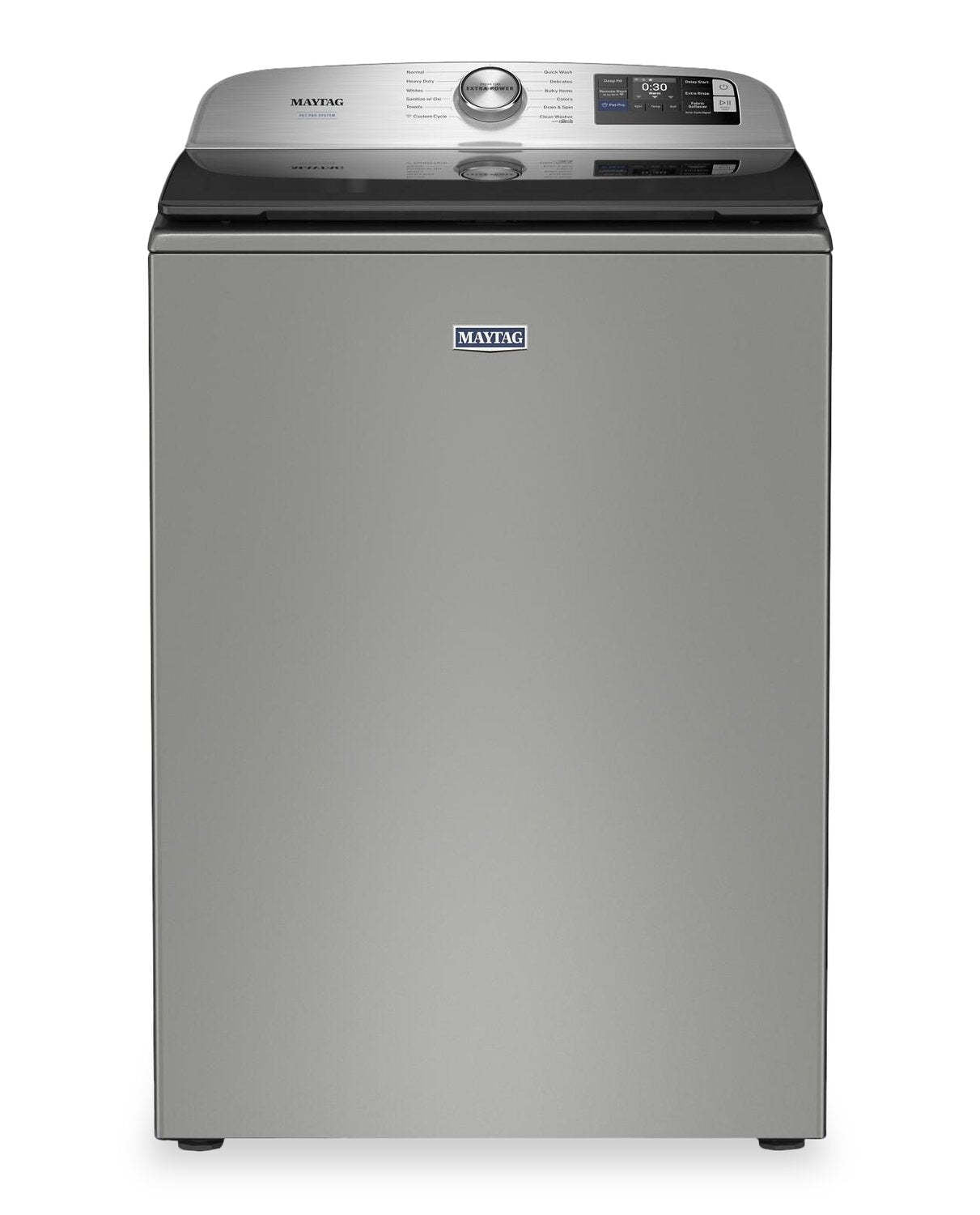Maytag 6.0 Cu. Ft. Pet Pro Smart Top-Load Washer and 7.4 Cu. Ft. Electric Dryer – Radiant Silver | Laveuse intelligente à chargement par le haut de 6,0 pi³ et sécheuse électrique de 7,4 pi³ Animal Pet Pro de Maytag - argenté radieux