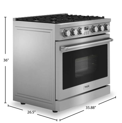 Thor Cuisine 6 Cu. Fort. Cuisinière à gaz professionnelle - ARG36 | Cuisinière à gaz professionnelle Thor Kitchen de 6 pi³ - ARG36 | ARG360SS