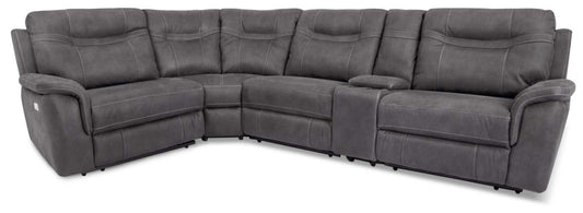 Sofa sectionnel à inclinaison électrique Floy 5 pièces en suédine avec appuie-têtes électriques, console de rangement et port USB - gris