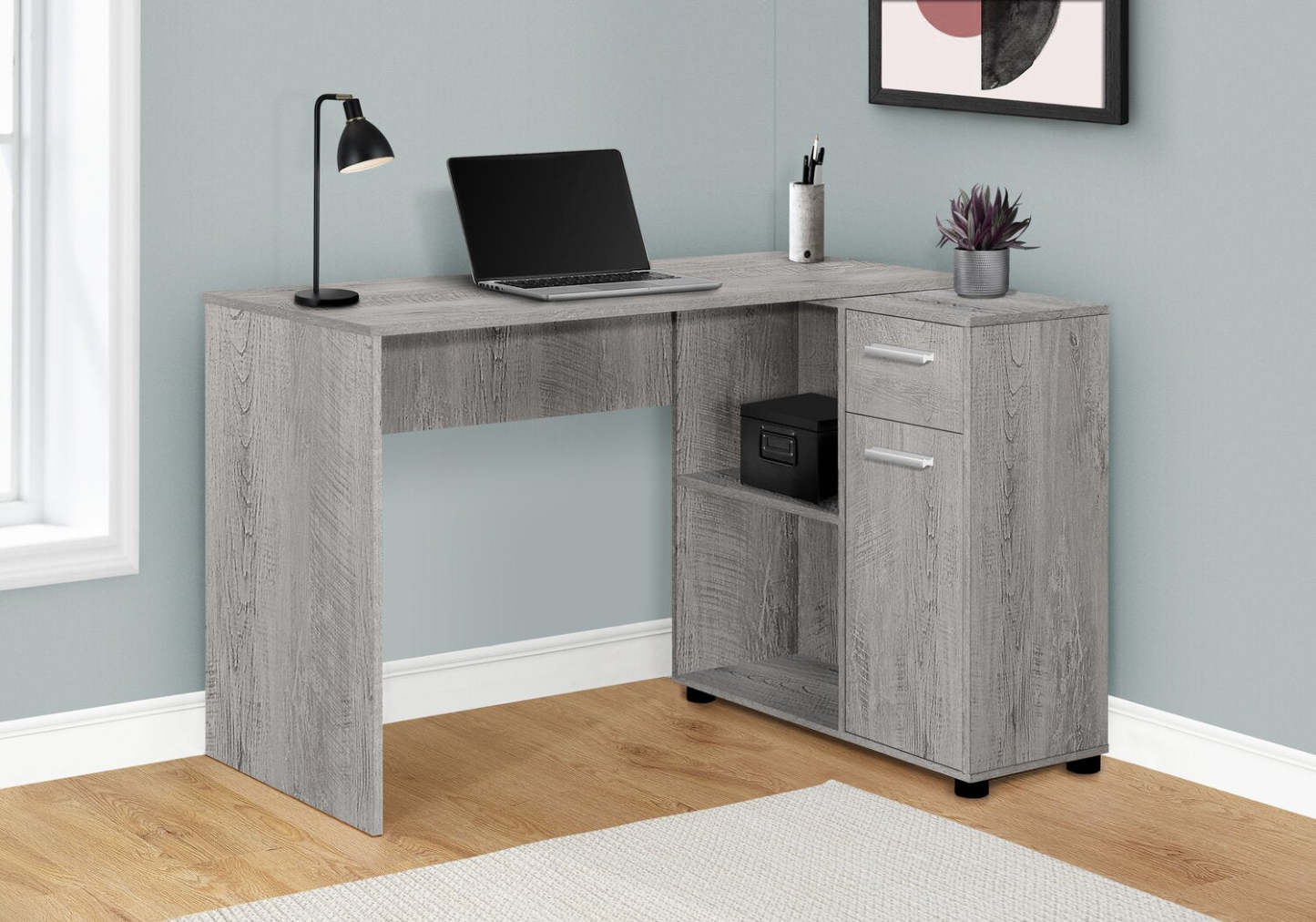 Bureau d'ordinateur en forme de L Bristol 46 avec étagères, tiroir et armoire - Gris|Bureau d'ordinateur en forme de L Bristol de 46 po avec tablettes, tiroir et armoire - gris