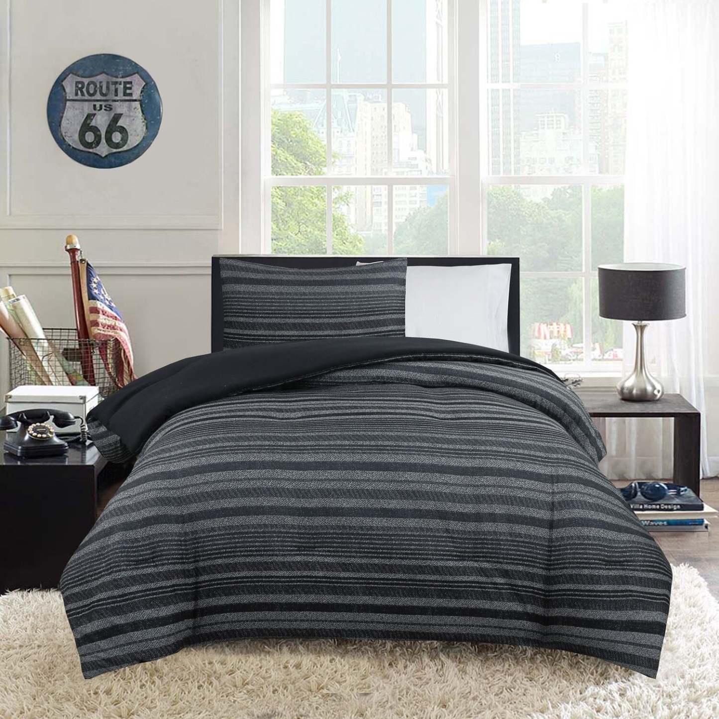 Ensemble d'édredon Windsor 3 pièces pour lit double/grand lit - Noir et gris | Ensemble d'édredon Windsor 3 pièces pour lit double et grand lit - noir et gris
