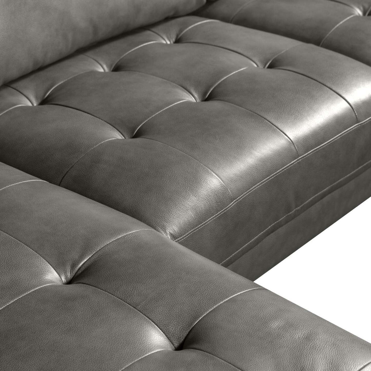 Sectionnel Edge 2 pièces en cuir véritable orienté vers la gauche avec pieds en bois et coussins de dossier amovibles - Gris | Canapé sectionnel gauche Edge 2 pièces en cuir avec pieds en bois et coussins de dossier véritable amovibles - gris