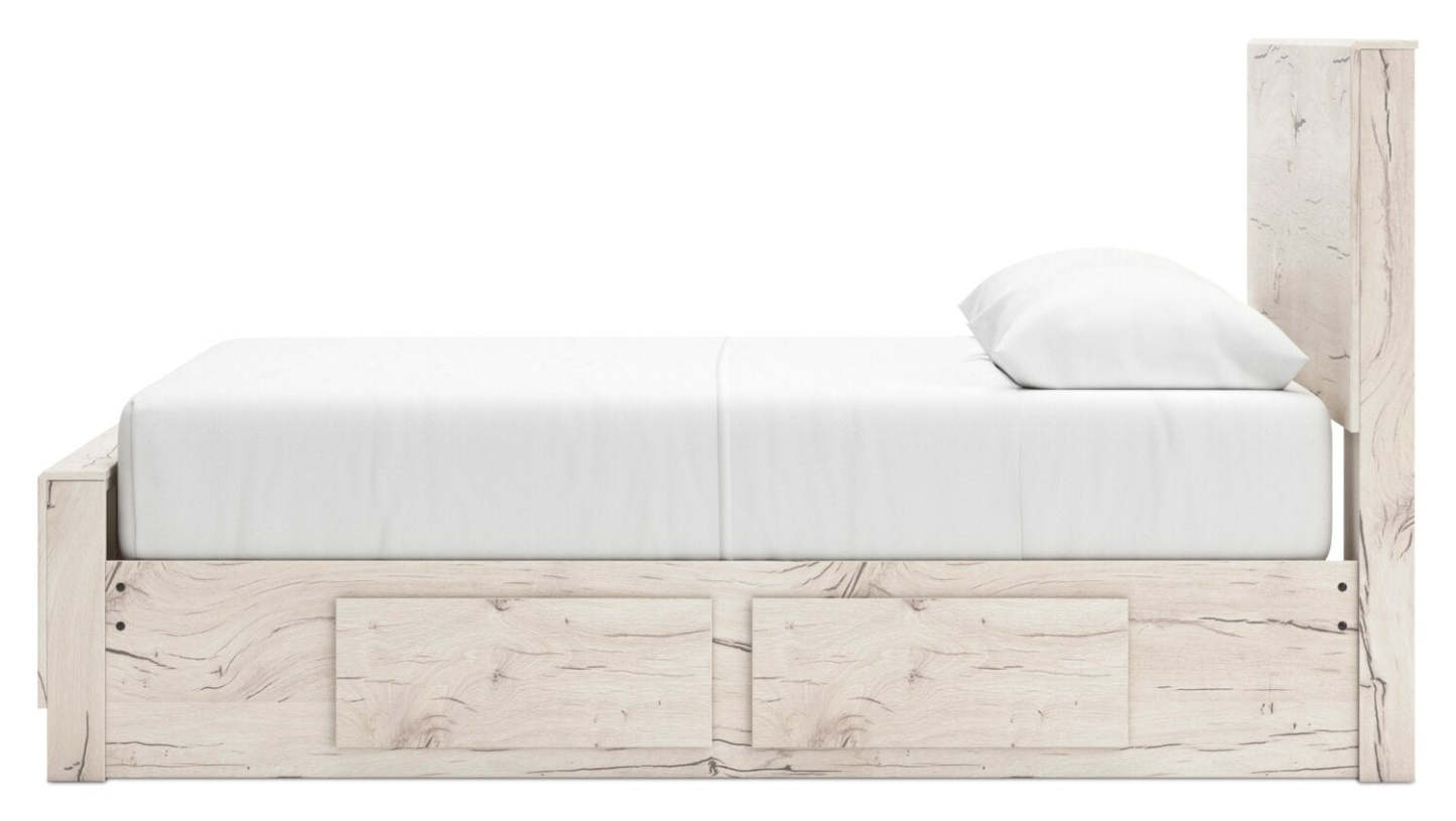 Lit de rangement Derekson blanc rustique avec 2 tiroirs latéraux intégrés - format grand lit | Derekson Storage Bed with 2 Built-In Side Drawers, Rustic White - Queen Size