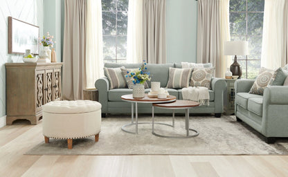 Made in Canada Tula 65 Fabric Loveseat with Rolled Arms and Accent Pillows - Mist Grey  | Causeuse Tula de 65 po fabriquée au Canada en tissu avec accoudoirs enroulés et coussins décoratifs - gris brume