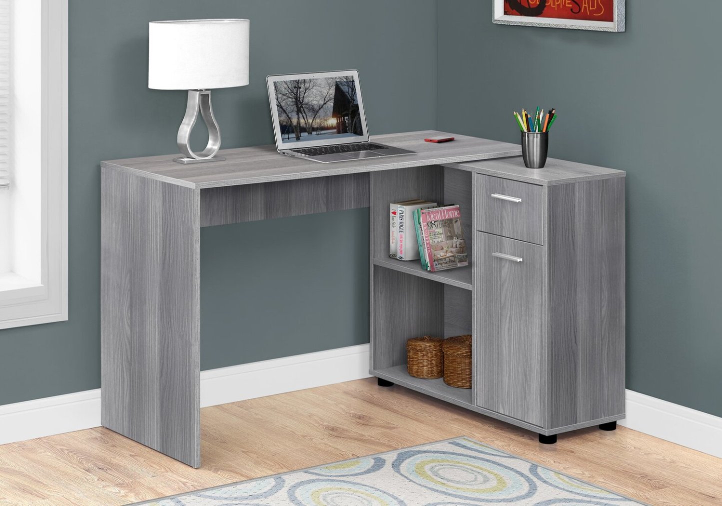 Zoey 46 L-Shaped Office Desk with Cubbies, Drawer & Cabinet - Grey|Bureau en forme de L Zoey de 46 po avec compartiments, tiroir et armoire - gris