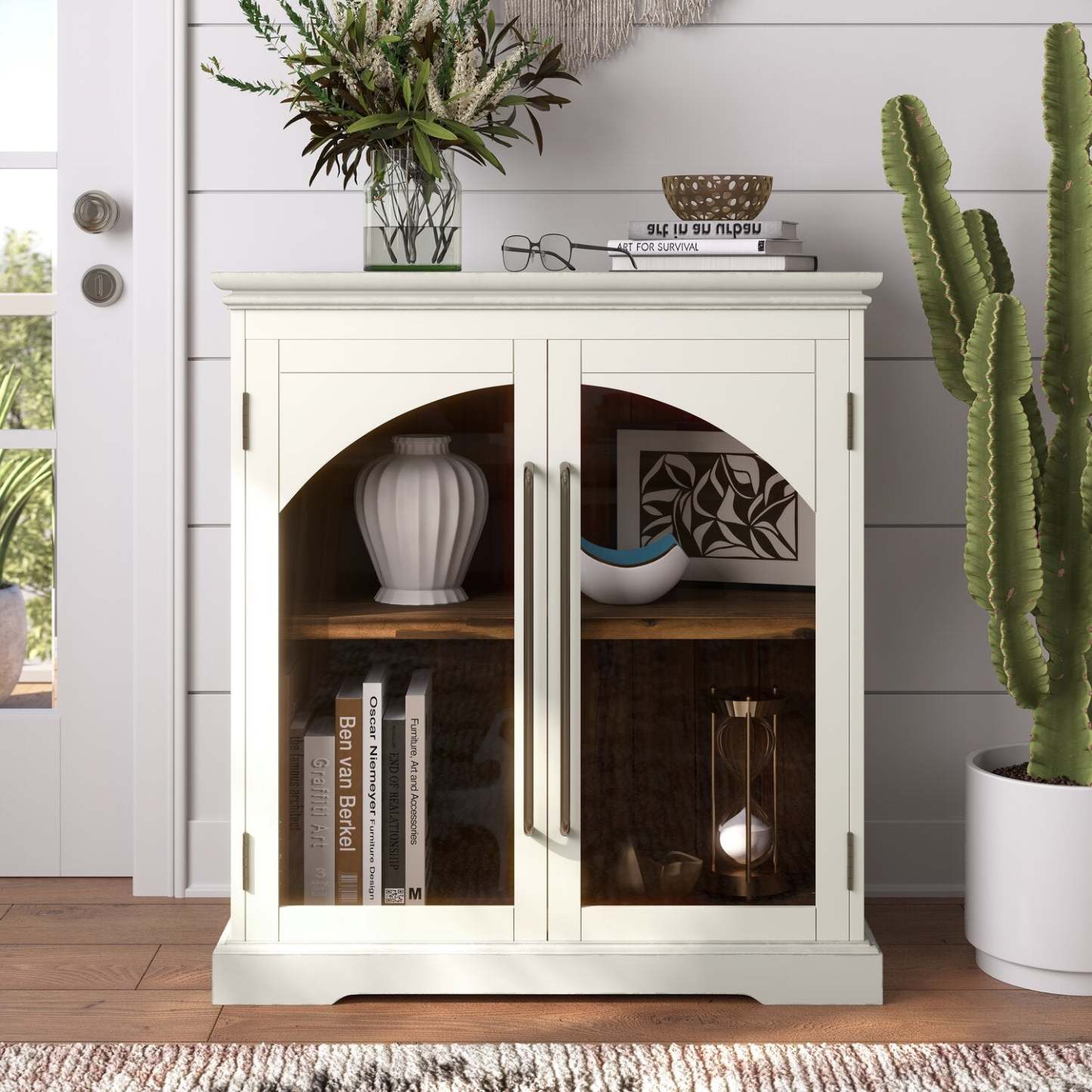 Twyla 33 Armoire d'appoint en bois massif avec portes cintrées - Blanc|Armoire décorative Twyla en bois massif avec portes arquées - blanche