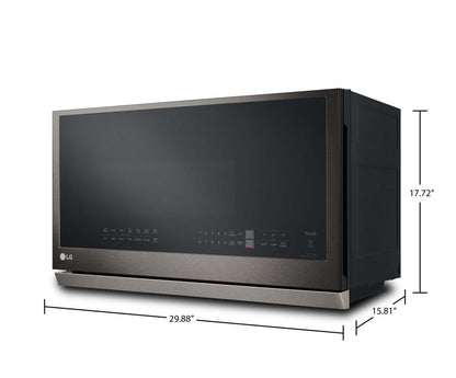 LG 2,1 Cu. Fort. Micro-ondes à grande portée avec ExtendaVent™ et cuisson par capteur - Acier noir anti-taches… | Quatre à micro-ondes à hotte intégrée LG de 2,1 pi³ avec ExtendaVentMC et cuisson par capteur - acier …