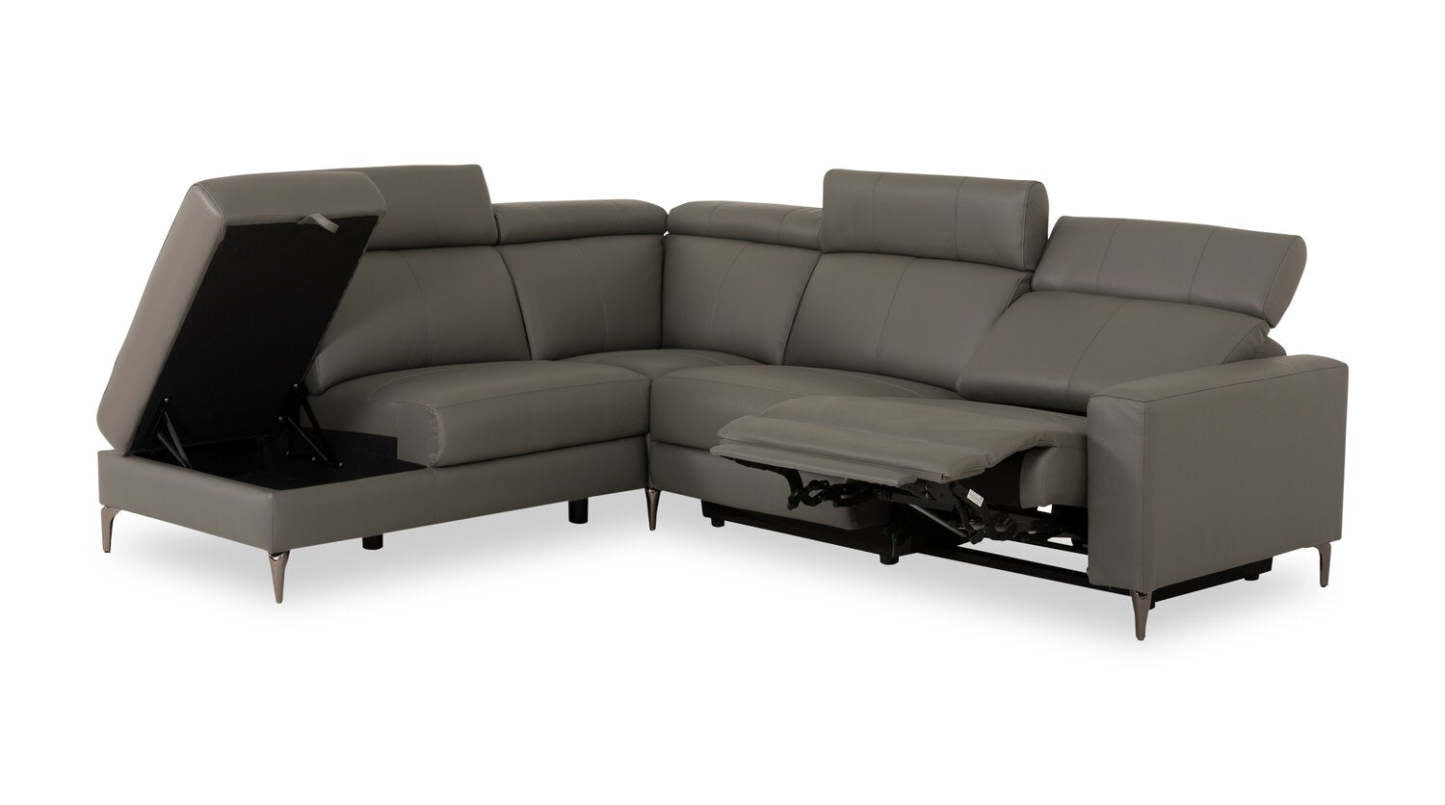 Sofa sectionnel de gauche à inclinaison électrique Valentino 3 pièces en cuir véritable avec appuie-têtes réglables - gris
