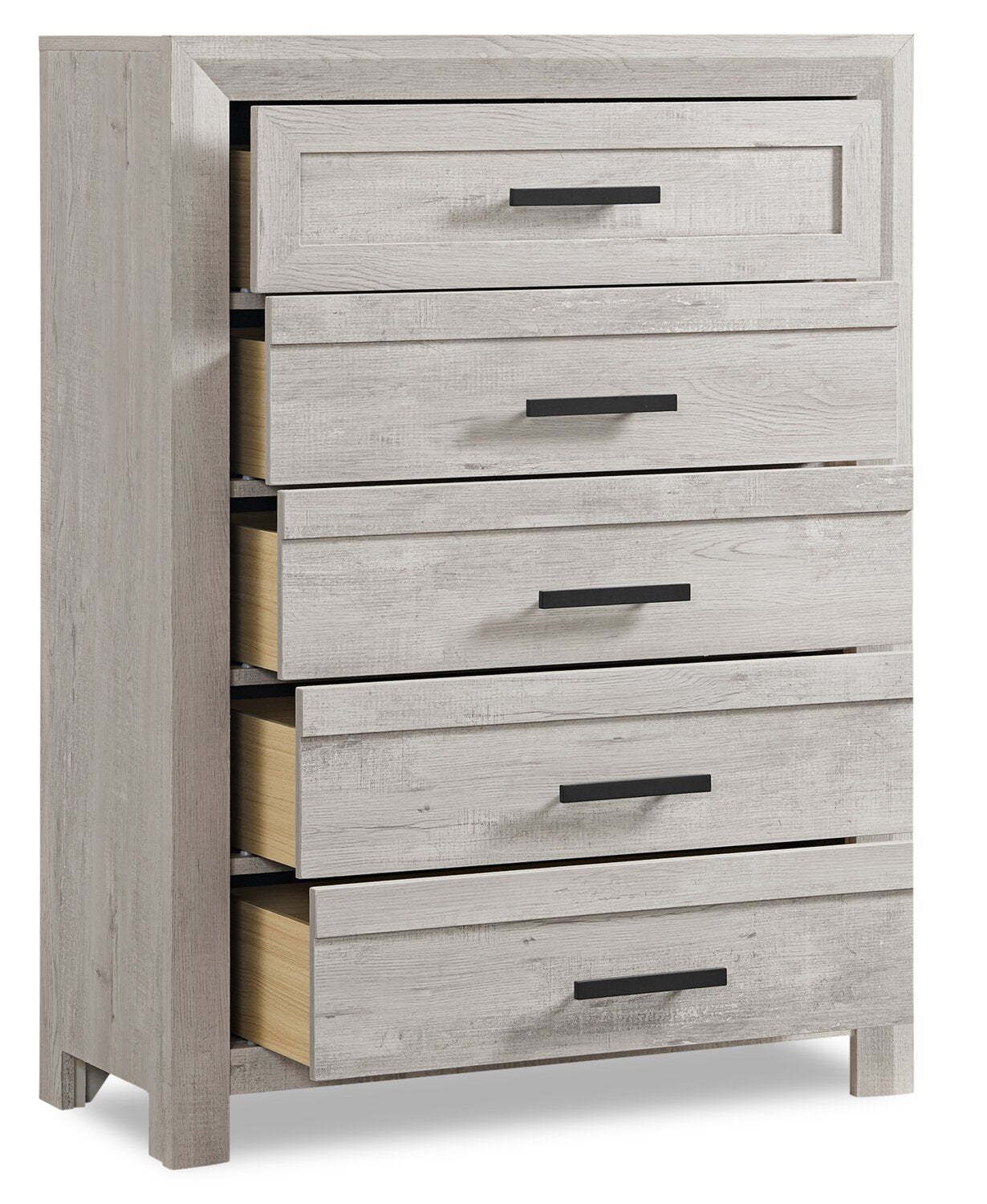 Commode de chambre à coucher Lark, 5 tiroirs, 35 L x 47 H - Blanc rustique | Commode verticale de chambre à coucher Lark de 35 po (L) x 47 po (H) à 5 tiroirs - blanc rustique