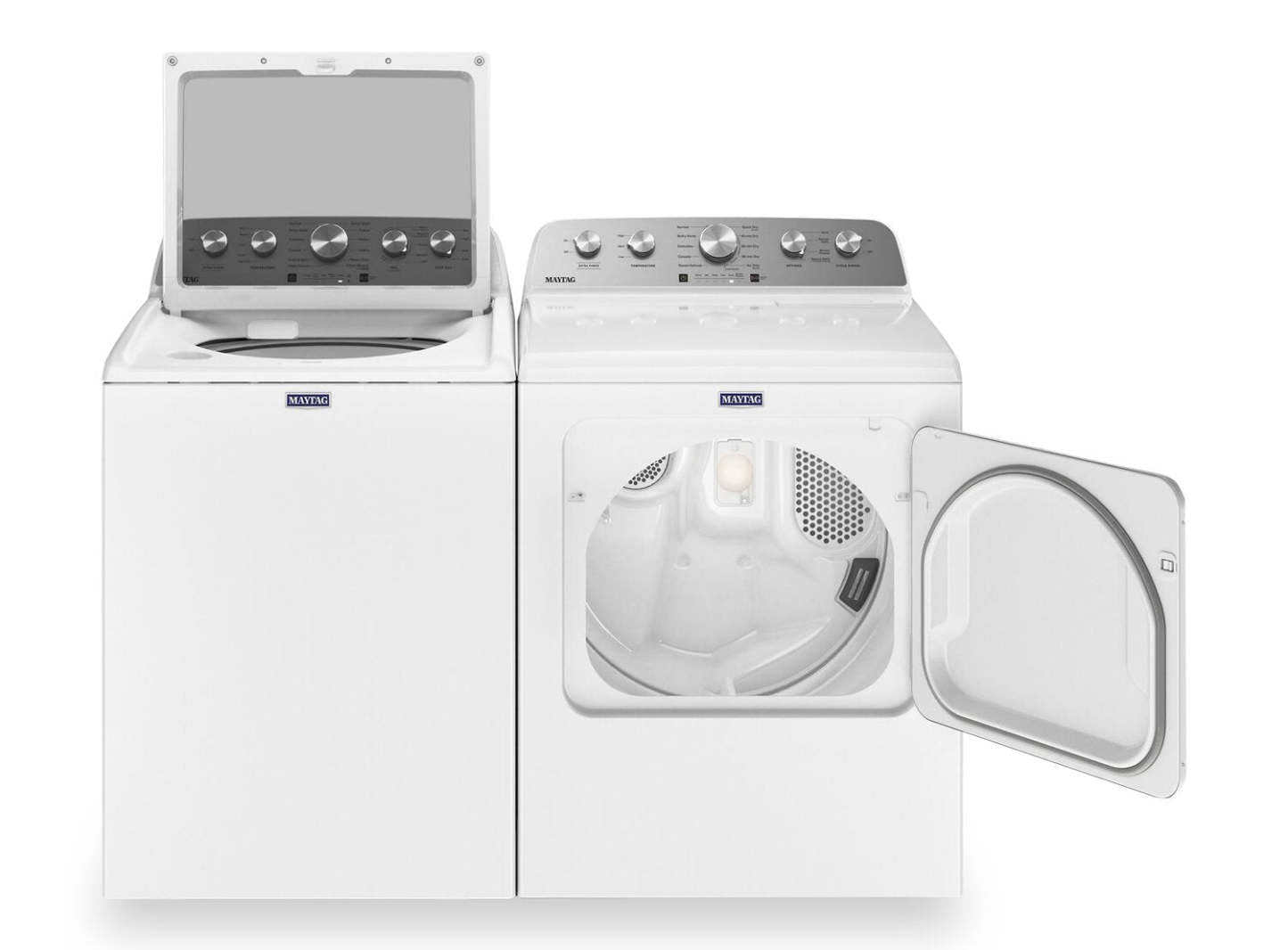Maytag 5,4 pi3 Laveuse à chargement par le haut et 7 pi3 Sécheuse électrique avec vapeur - blanche | Laveuse à chargement par le haut 5,4 pi3 et sécheuse électrique 7 pi3 avec vapeur de Maytag - blanches | MATL545W