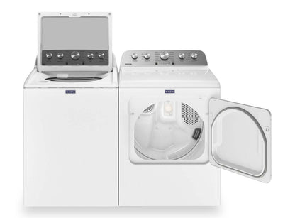 Maytag 5,4 pi3 Laveuse à chargement par le haut et 7 pi3 Sécheuse électrique avec vapeur - blanche | Laveuse à chargement par le haut 5,4 pi3 et sécheuse électrique 7 pi3 avec vapeur de Maytag - blanches | MATL545W