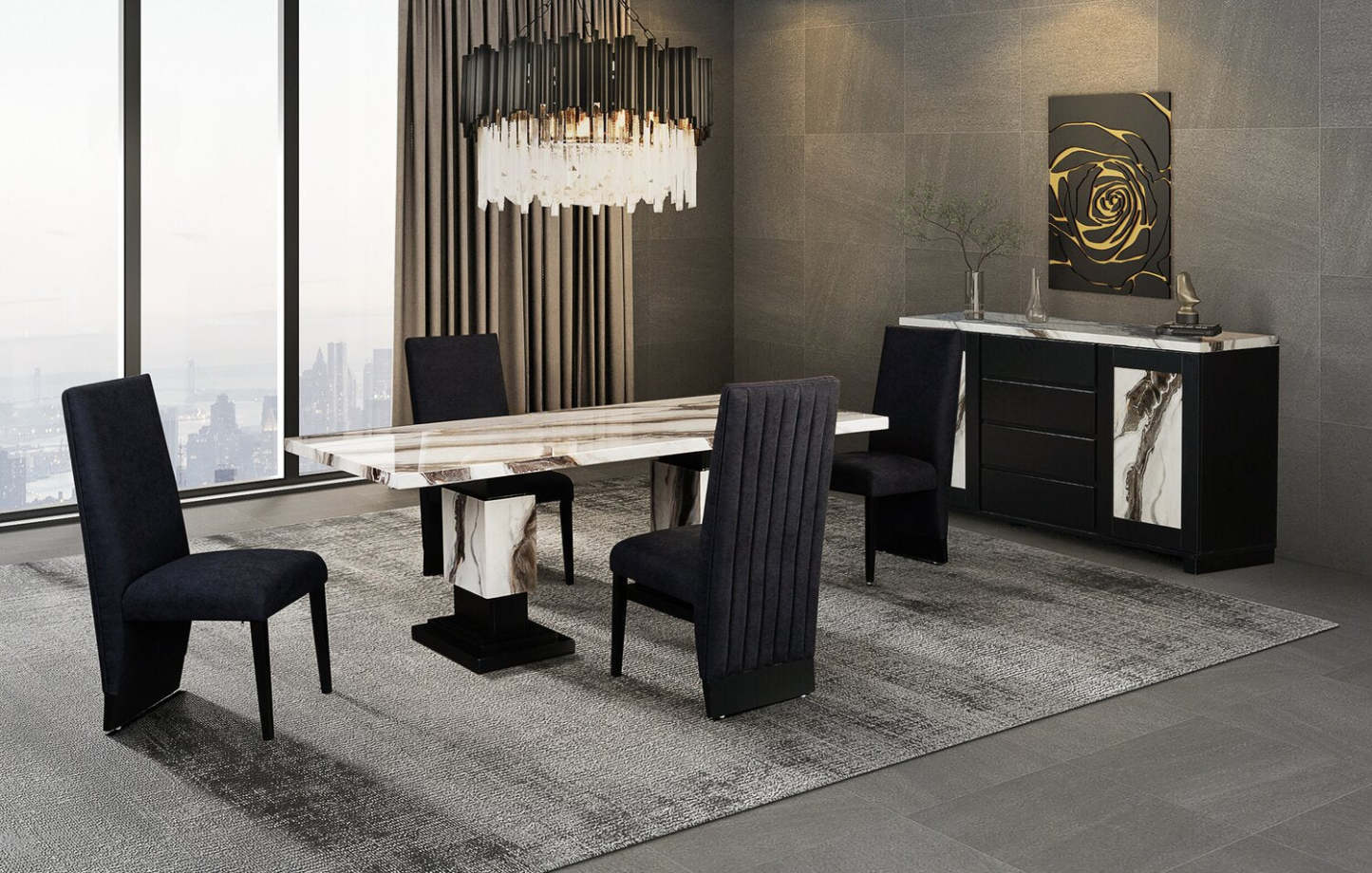 Table à manger Vega, aspect marbre, base sur pied, 82 W - Noir et blanc | Table de salle à manger Vega de 82 po (L) avec imitation de marbre et socle piédestal - noire et blanche