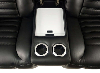 Canapé sectionnel à inclinaison électrique Zen 3 pièces en tissu d'apparence cuir avec massage et 2 consoles à compartiment réfrigéré - noir