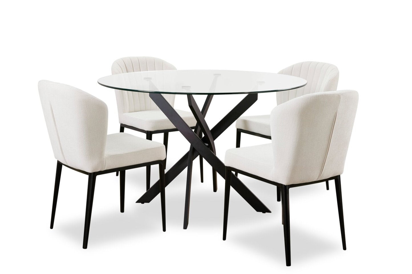 Zoe 5pc Dining Set with Table & 4 Chairs, Glass Top, Metal Geometric Base, 47W Round - Black & Ivory | Ensemble de salle à manger Zoe 5 pièces avec table ronde de 47 po (L), dessus en verre, base géométrique en métal et 4 chaises - noir et ivoire