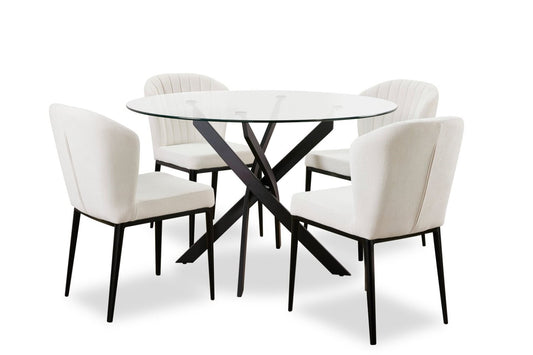 Zoe 5pc Dining Set with Table & 4 Chairs, Glass Top, Metal Geometric Base, 47W Round - Black & Ivory | Ensemble de salle à manger Zoe 5 pièces avec table ronde de 47 po (L), dessus en verre, base géométrique en métal et 4 chaises - noir et ivoire