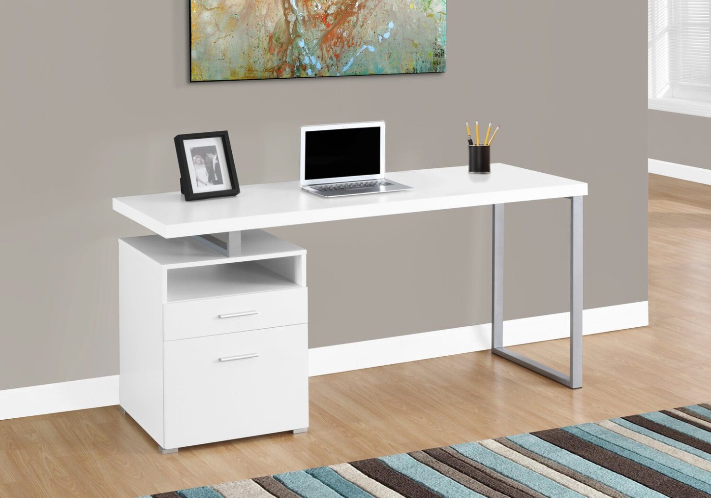 Bureau réglable Heather 60 avec 2 tiroirs et compartiment ouvert - Blanc|Bureau réglable Heather de 60 po à 2 tiroirs et compartiment ouvert - blanc