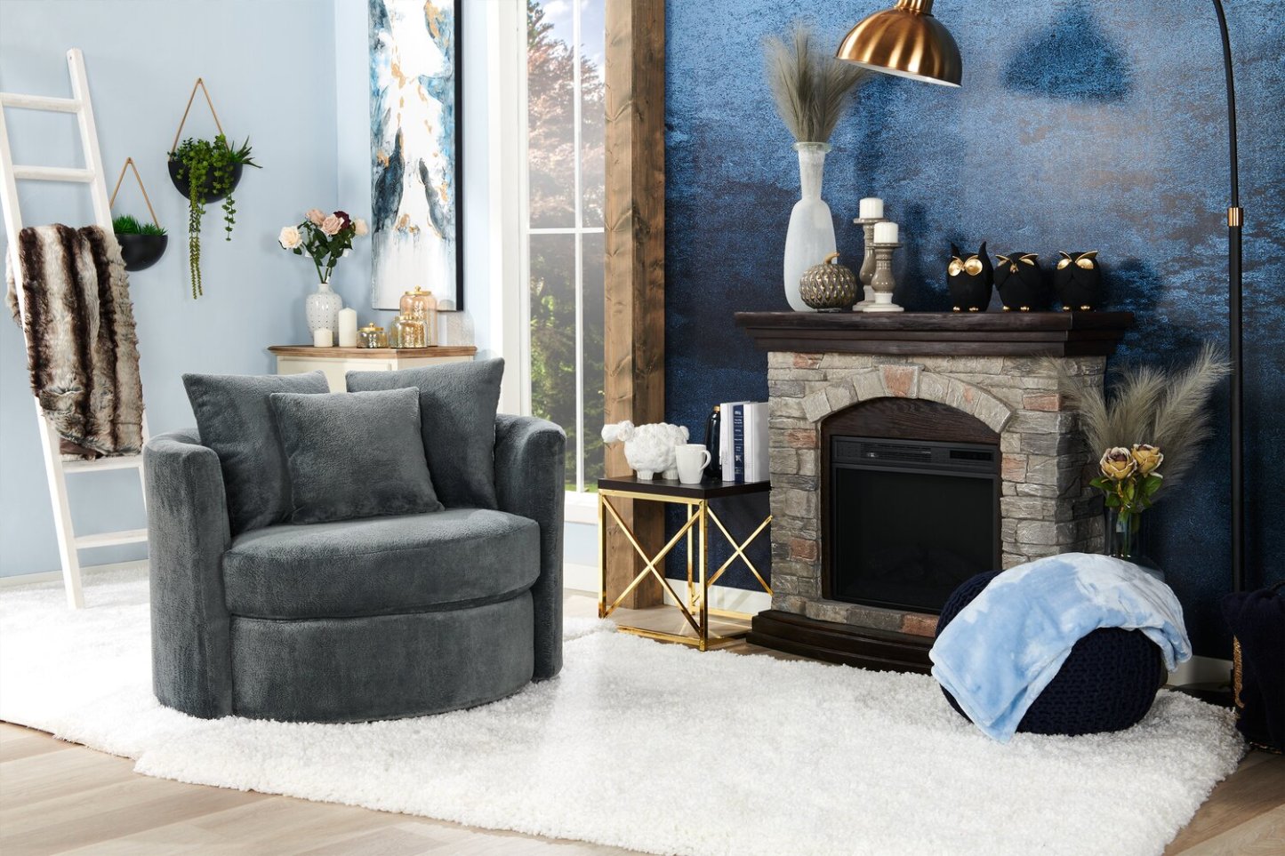 Fauteuil d’appoint pivotant Cuddler Midi de 42 po fabriqué au Canada en tissu de chenille - gris Plush Thunder