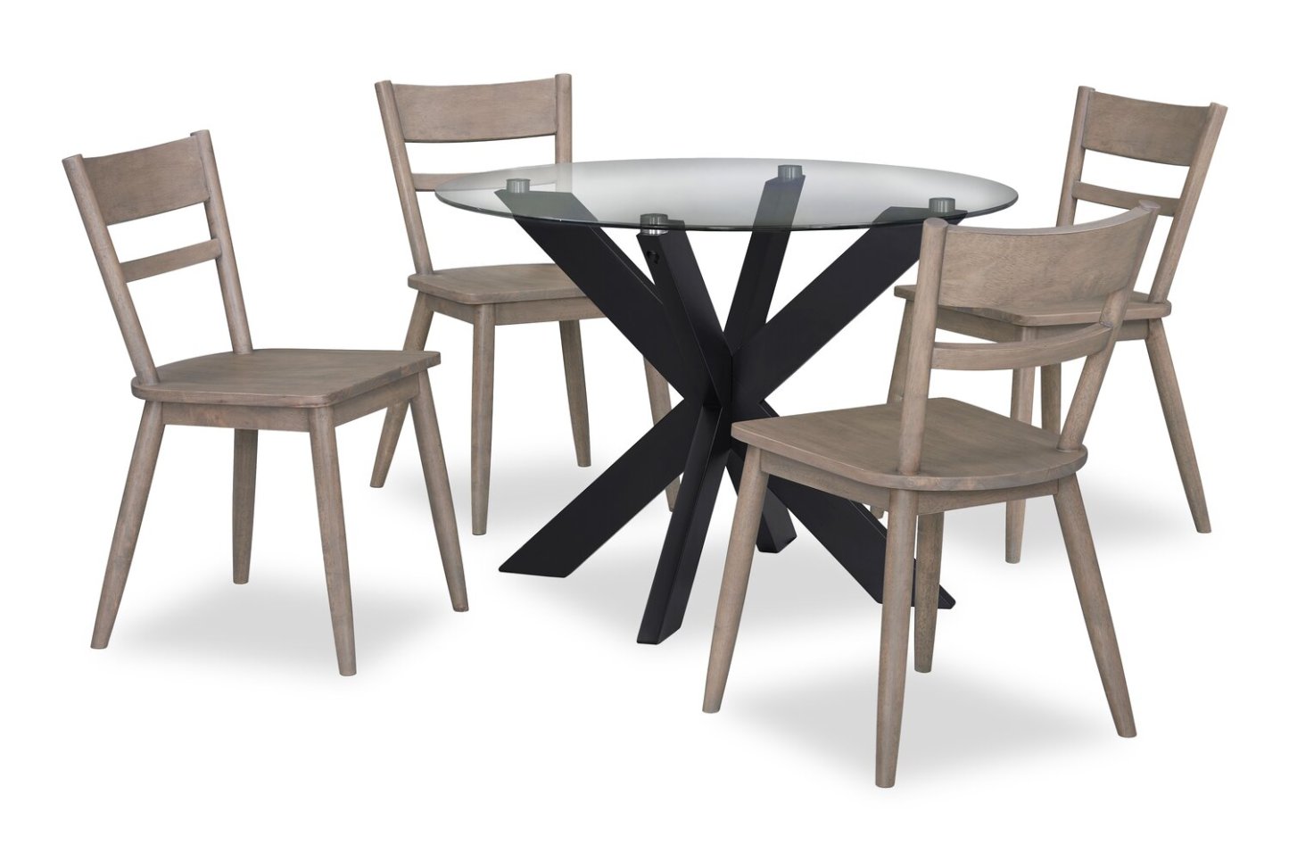 Remi 5pc Dining Set with Table & 4 Ladder-Back Chairs, Glass & Wood, 42W Round - Black & Brown | Ensemble de salle à manger Remi 5 pièces avec table ronde de 42 po et 4 chaises à dossier en échelle, en verre et bois - noir et brun
