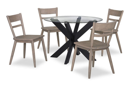 Remi 5pc Dining Set with Table & 4 Ladder-Back Chairs, Glass & Wood, 42W Round - Black & Brown | Ensemble de salle à manger Remi 5 pièces avec table ronde de 42 po et 4 chaises à dossier en échelle, en verre et bois - noir et brun