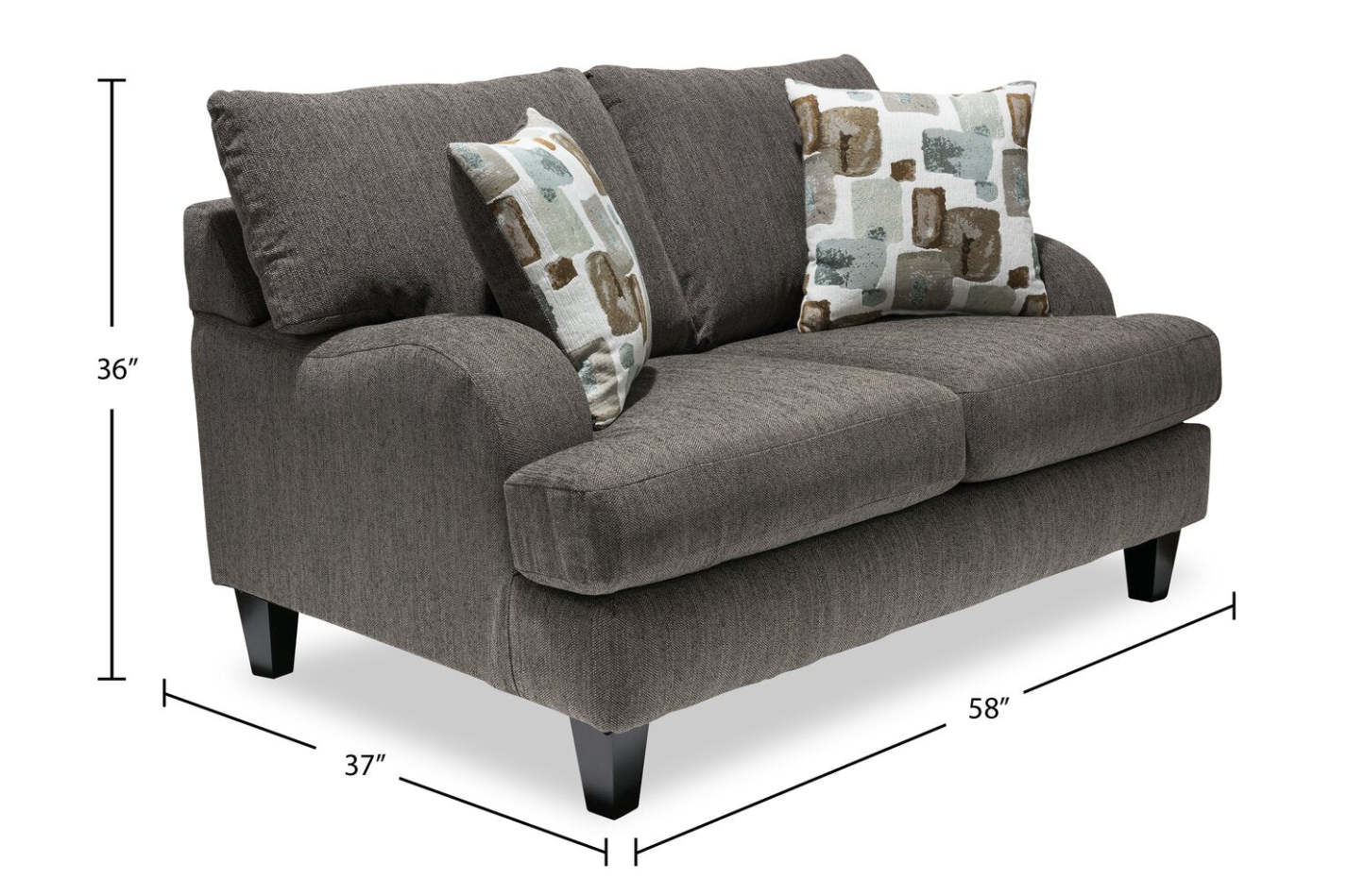 Made in Canada Nofia 58 Chenille Fabric Loveseat with Two Accent Pillows and Wood Legs - Charcoal Grey | Causeuse Nofia de 58 po fabriquée au Canada en tissu de chenille avec 2 coussins décoratifs et pattes en bois - gris anthracite