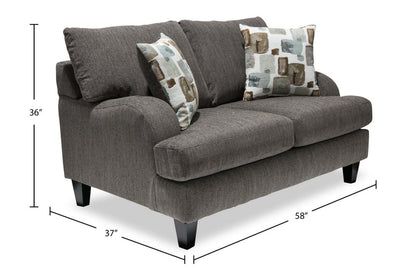 Made in Canada Nofia 58 Chenille Fabric Loveseat with Two Accent Pillows and Wood Legs - Charcoal Grey | Causeuse Nofia de 58 po fabriquée au Canada en tissu de chenille avec 2 coussins décoratifs et pattes en bois - gris anthracite