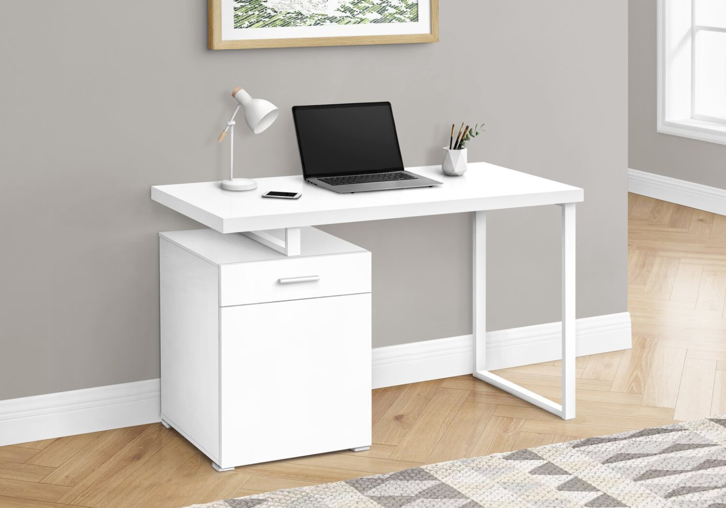 Bureau réversible Remi 47.25 avec tiroir et armoire - Blanc|Bureau réversible Remi de 47,25 po avec tiroir et armoire - blanc