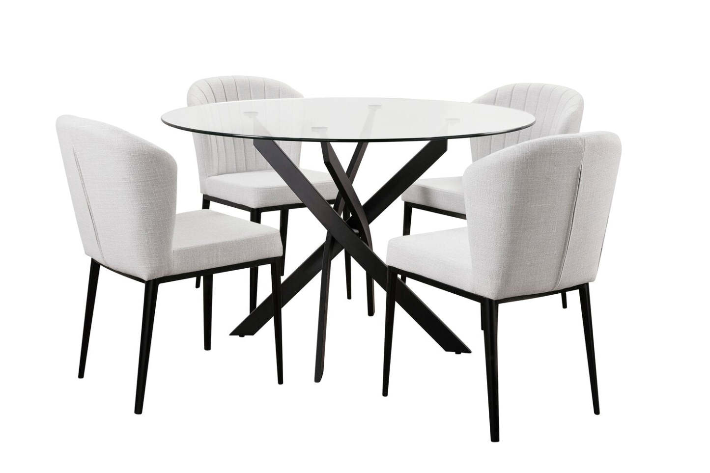 Zoe 5pc Dining Set with Table & 4 Chairs, Glass Top, Metal Geometric Base, 47W Round - Black & Grey | Ensemble de salle à manger Zoe 5 pièces avec table ronde de 47 po (L), dessus en verre, base géométrique en métal et 4 chaises - noir et gris