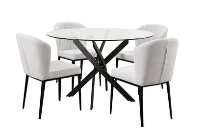 Zoe 5pc Dining Set with Table & 4 Chairs, Glass Top, Metal Geometric Base, 47W Round - Black & Grey | Ensemble de salle à manger Zoe 5 pièces avec table ronde de 47 po (L), dessus en verre, base géométrique en métal et 4 chaises - noir et gris