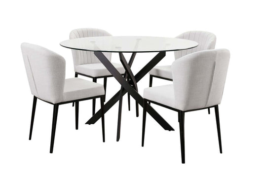 Zoe 5pc Dining Set with Table & 4 Chairs, Glass Top, Metal Geometric Base, 47W Round - Black & Grey | Ensemble de salle à manger Zoe 5 pièces avec table ronde de 47 po (L), dessus en verre, base géométrique en métal et 4 chaises - noir et gris