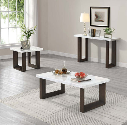 Table de canapé moderne Silvia 48 - Aspect marbre blanc et gris avec pieds en bois marron|Table de salon moderne Silvia de 48 po - imitation de marbre blanc et gris avec pattes en bois brun