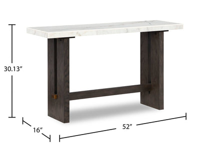 Table de canapé Warwick 52" en bois massif et marbre – Chêne blanc et brun | Table de salon Warwick de 52 po en bois massif et en marbre - blanche et chêne brun