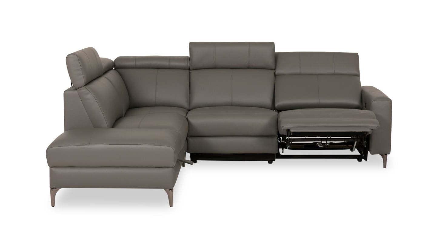 Sofa sectionnel de gauche à inclinaison électrique Valentino 3 pièces en cuir véritable avec appuie-têtes réglables - gris