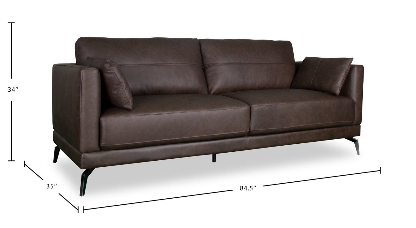 Melrose 84,5 po en cuir véritable de qualité supérieure avec pattes en métal - brun foncé | Sofa Melrose 84.5 en cuir véritable de qualité supérieure avec pattes en métal - brun foncé