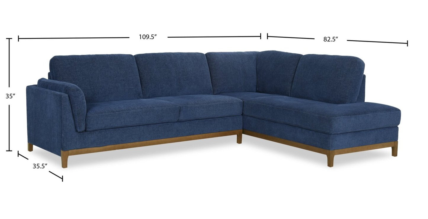Sofa sectionnel de droite Zara 2 pièces en tissu avec fauteuil long et pattes en bois - bleu marine