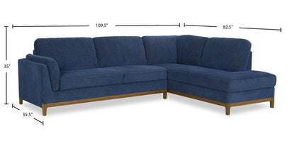 Sofa sectionnel de droite Zara 2 pièces en tissu avec fauteuil long et pattes en bois - bleu marine