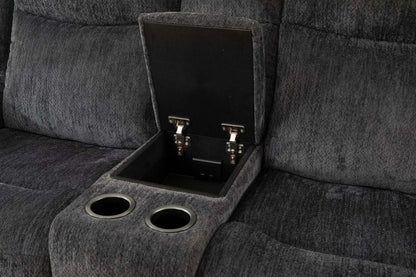 Causeuse à inclinaison électrique Atlantis 79 en tissu avec console de rangement et ports USB - gris foncé | Causeuse à inclinaison électrique Atlantis de 72 po en tissu avec console de rangement, ports USB et position zéro gravité - gris foncé