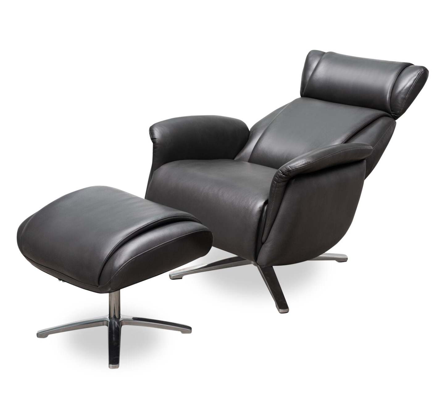 Vega 29,5 Fauteuil inclinable pivotant sans stress en similicuir avec repose-pieds et pieds en aluminium - Gris | Fauteuil pivotant inclinable Vega antistress de 29,5 po en similicuir avec repose-pieds et pattes en aluminium - gris