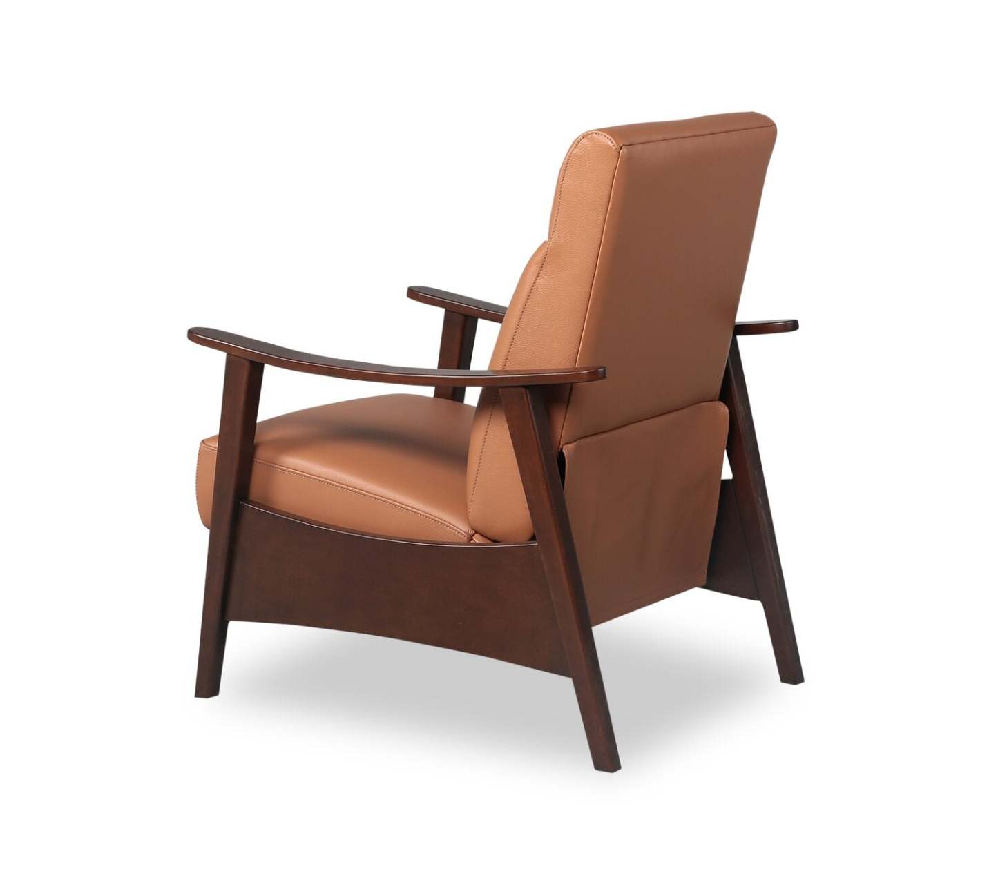 Aydin 27.5 Fauteuil d’appoint à inclinaison par poussée en cuir véritable avec accoudoirs et pattes en bois - orange chameau