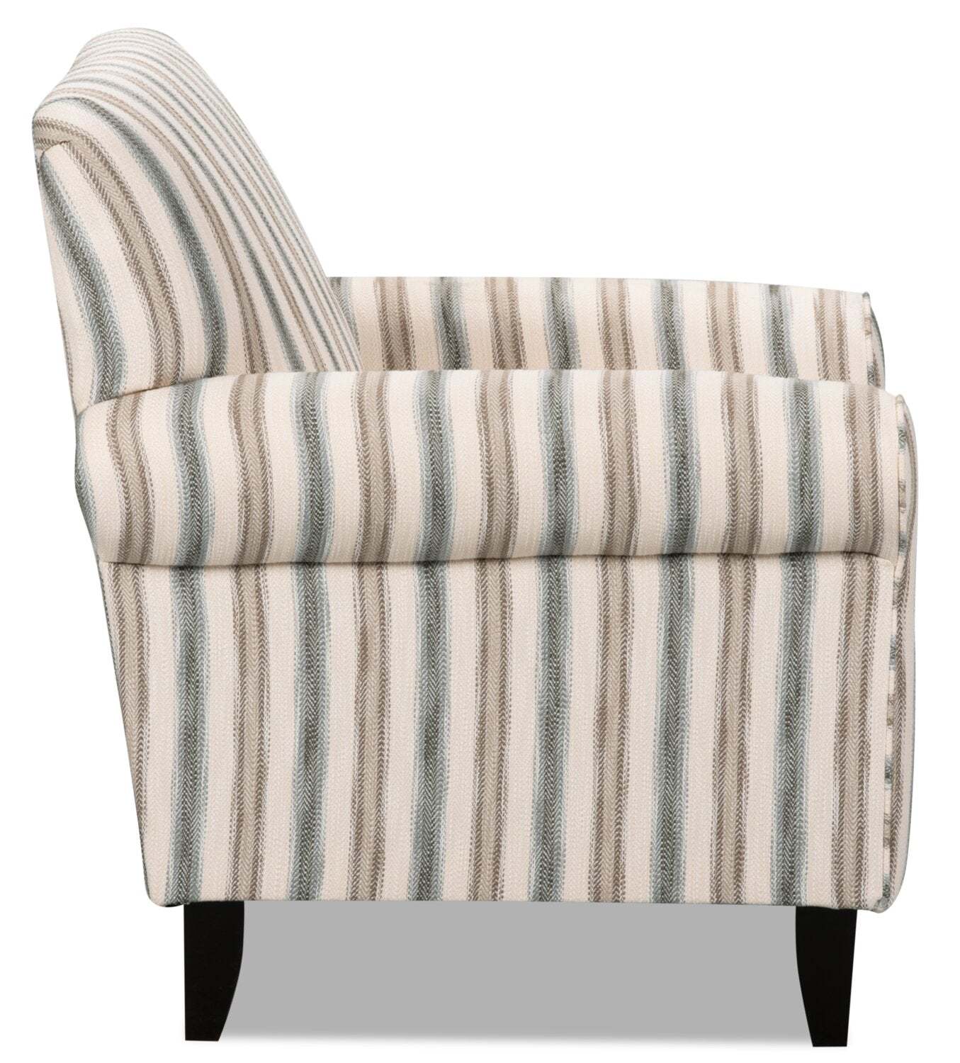 Fauteuil d’appoint Wynn de 36 po fabriqué au Canada en tissu d’apparence lin avec accoudoirs enroulés et pattes en bois - rayures multicolores