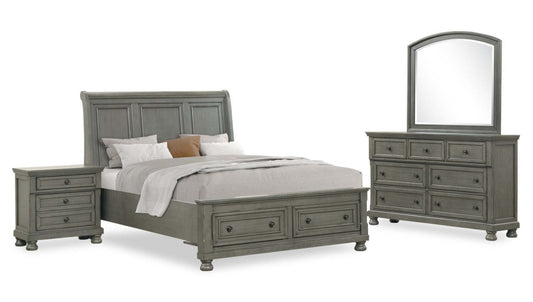 Chelsea 6pc Bedroom Set with Storage Bed, Dresser & Mirror, Grey - Queen Size | Ensemble de chambre à coucher Chelsea 6 pièces avec lit de rangement, commode et miroir, gris - taille queen