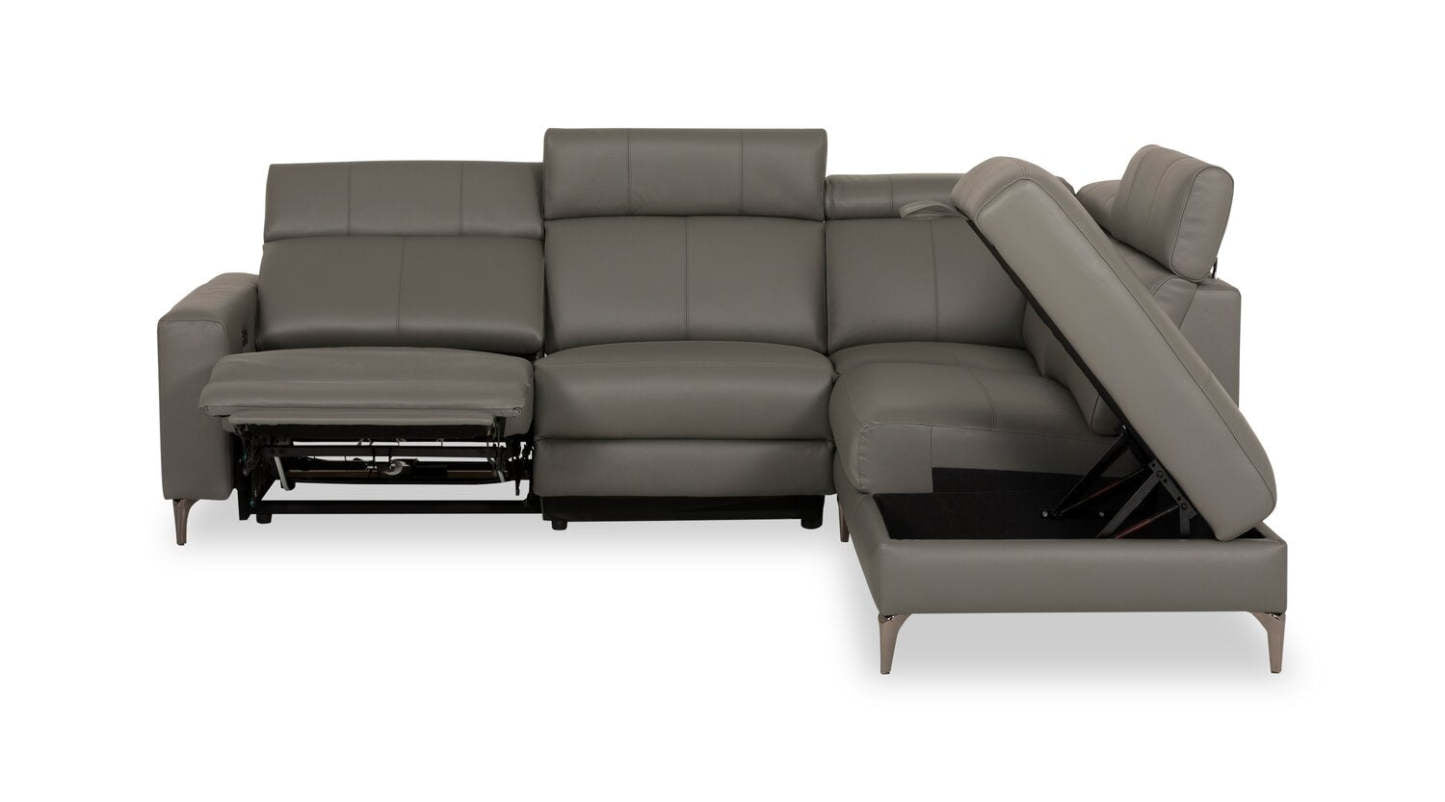 Sofa sectionnel de droite à inclinaison électrique Valentino 3 pièces en cuir véritable avec appuie-têtes réglables - gris
