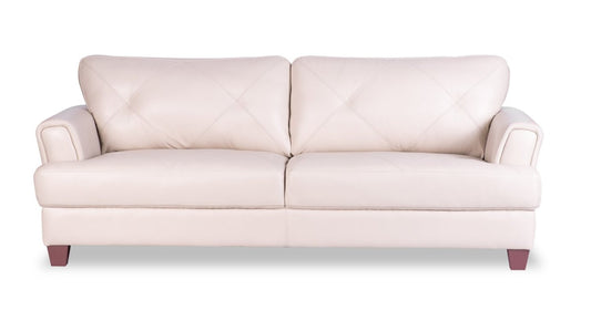 Chateau d’Ax Vita 87 canapé en cuir 100 % véritable avec coutures à motif de diamant et pattes en bois - blanc fumée | Sofa Vita de Château d’Ax de 87 po en cuir 100 % véritable avec coutures à motif de diamant et pattes en bois - blanc fumée