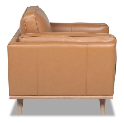 Chaise Vivia 40 en cuir véritable avec coussin de siège amovible et base en bois - Brun caramel | Fauteuil Vivia de 40 po en cuir avec coussin de siège amovible et base en bois véritable - brun caramel