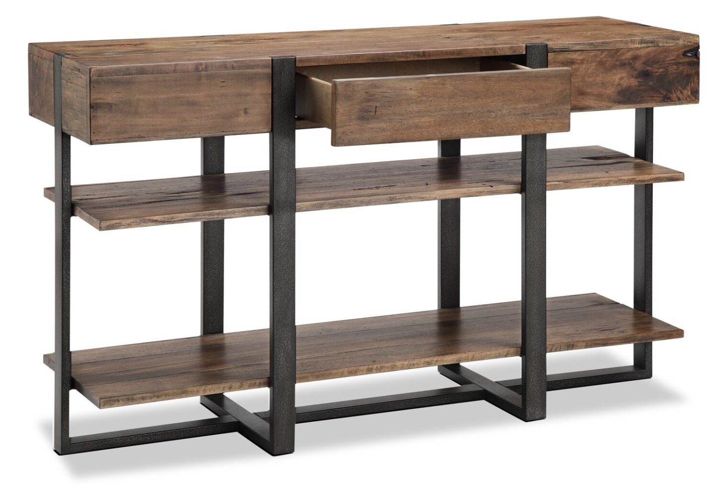 Table de salon moderne Manchester de 54 po avec rangement et tablette - bois brun avec base en fer