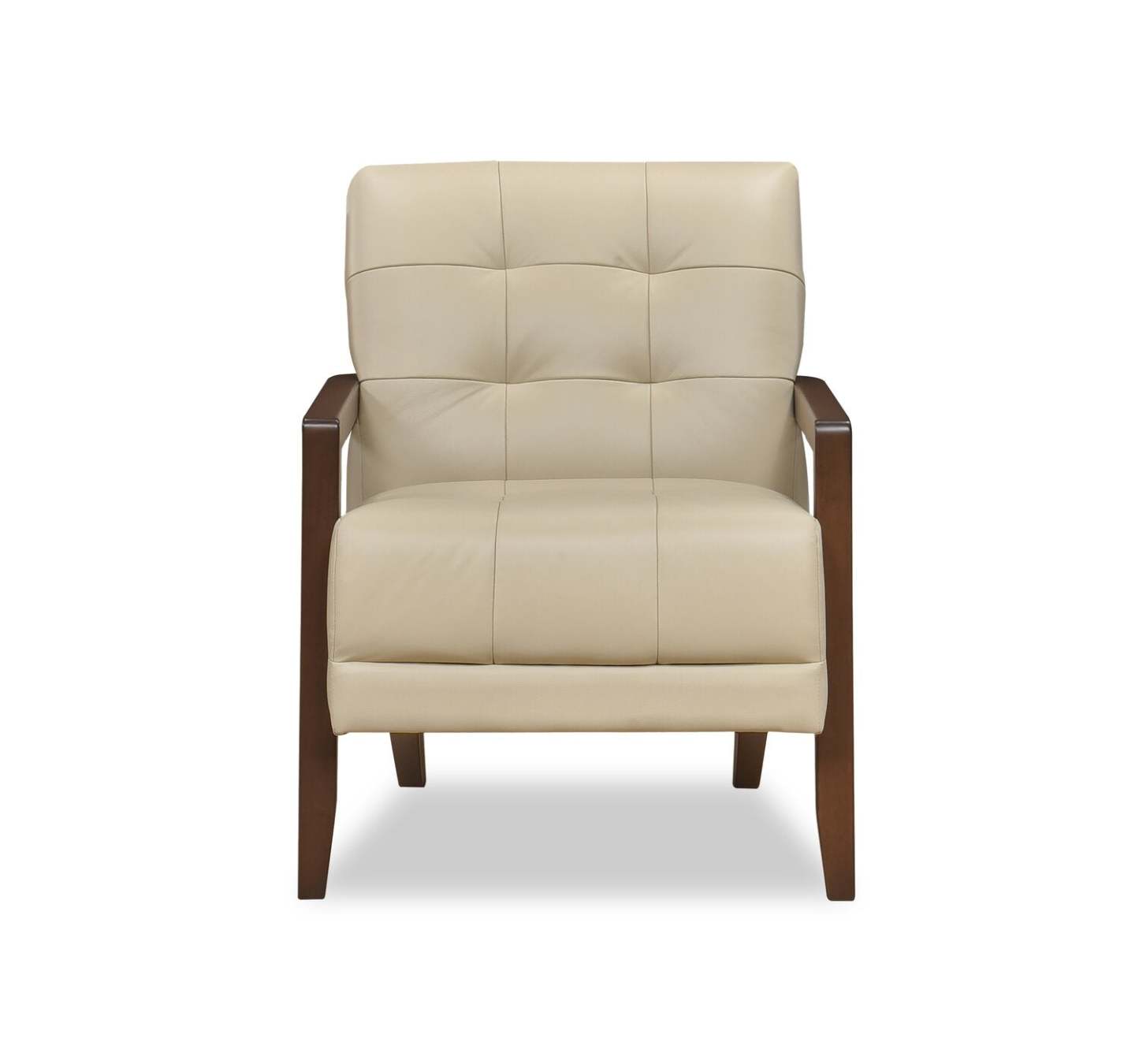 Fauteuil d'appoint Enzo 26 en cuir véritable avec capitonnage biscuit, accoudoirs sur rail et pieds en bois - Beige | Fauteuil d'appoint Enzo de 26 po en cuir avec capitonnage en véritable biscuit, accoudoirs rectilignes et pattes en bois - beige