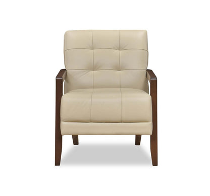 Fauteuil d'appoint Enzo 26 en cuir véritable avec capitonnage biscuit, accoudoirs sur rail et pieds en bois - Beige | Fauteuil d'appoint Enzo de 26 po en cuir avec capitonnage en véritable biscuit, accoudoirs rectilignes et pattes en bois - beige