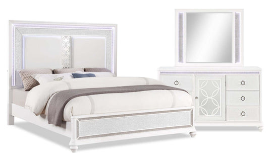 Ava 5pc Bedroom Set with Bed, Dresser & Mirror, LED, Glam, White - King Size | Ensemble de chambre à coucher Ava 5 pièces somptueux avec lit, commode, miroir et éclairage à DEL, b…