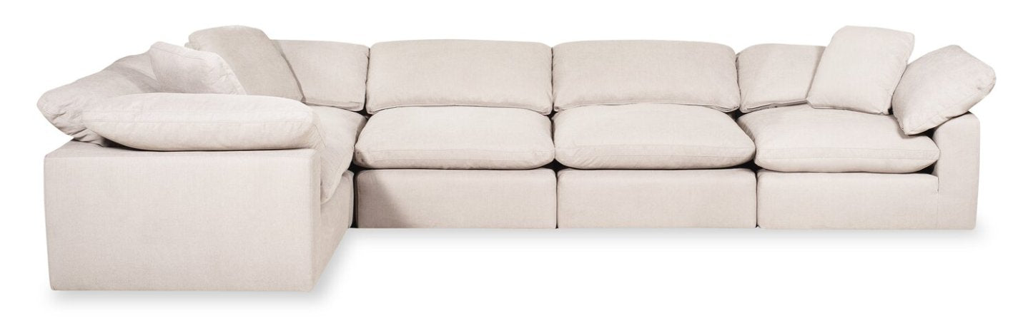 Canapé sectionnel modulaire Eclipse 5 pièces en tissu d'apparence lin avec coussins réversibles en couette et plumes - blanc lin