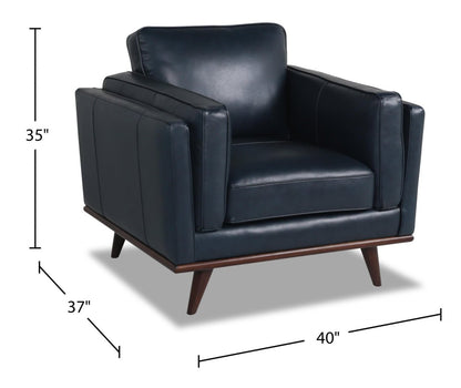 Vivia 40 Fauteuil en cuir véritable avec coussin de siège amovible et base en bois - bleu marine | Chaise Vivia 40 en cuir véritable avec coussin de siège amovible et base en bois - Bleu marine
