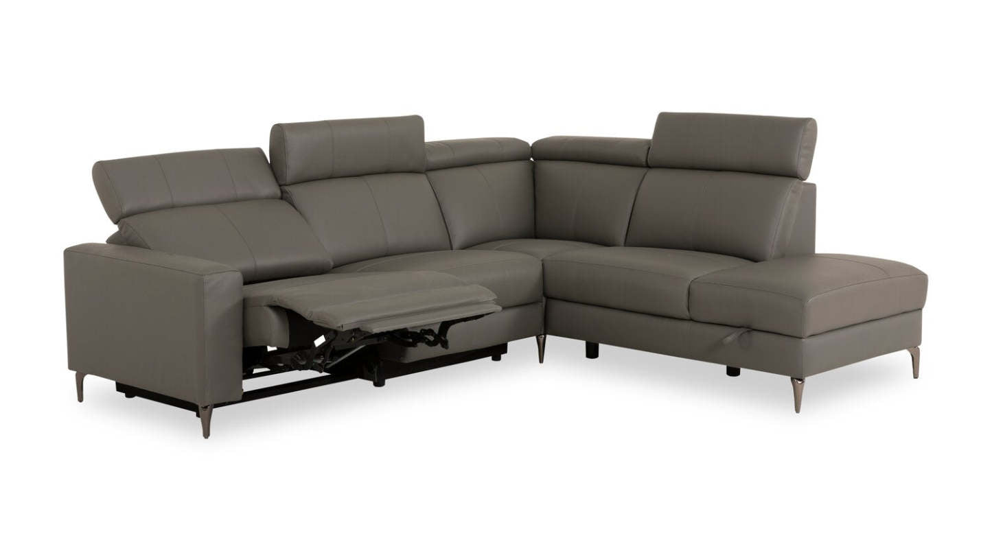 Sofa sectionnel de droite à inclinaison électrique Valentino 3 pièces en cuir véritable avec appuie-têtes réglables - gris
